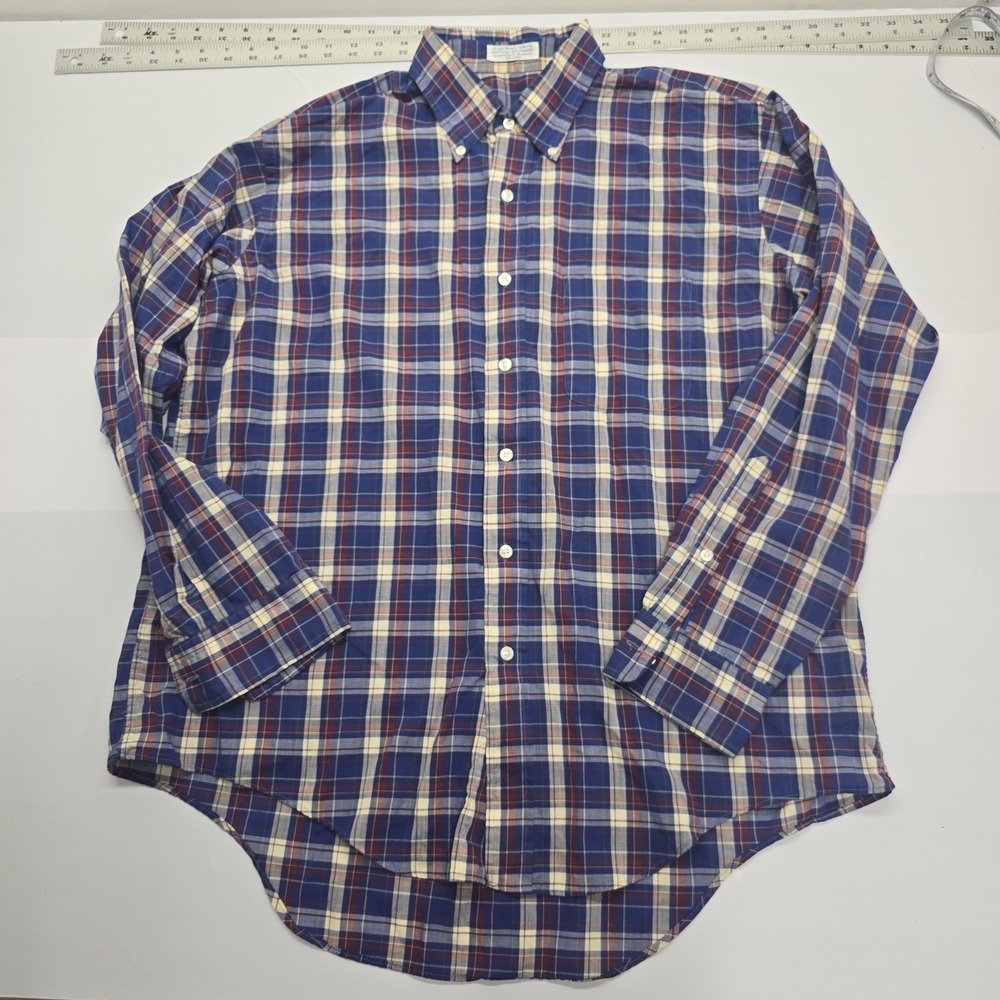 Vintage Single Needle Tailoring Plaid Button Down Shirt Blue Red Cream Mens XL